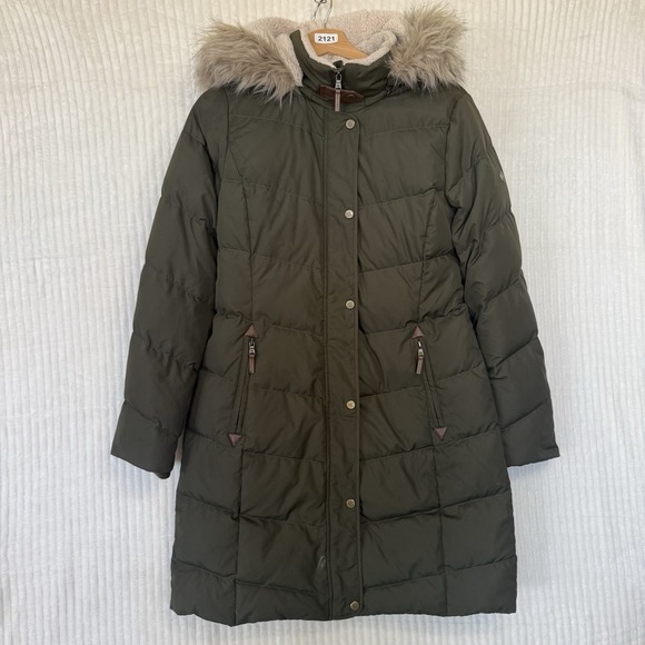 Ralph Lauren Women's Faux Fur Hooded Down Puffer Coat Olive Sz S Petite Plz See - Picture 1 of 16